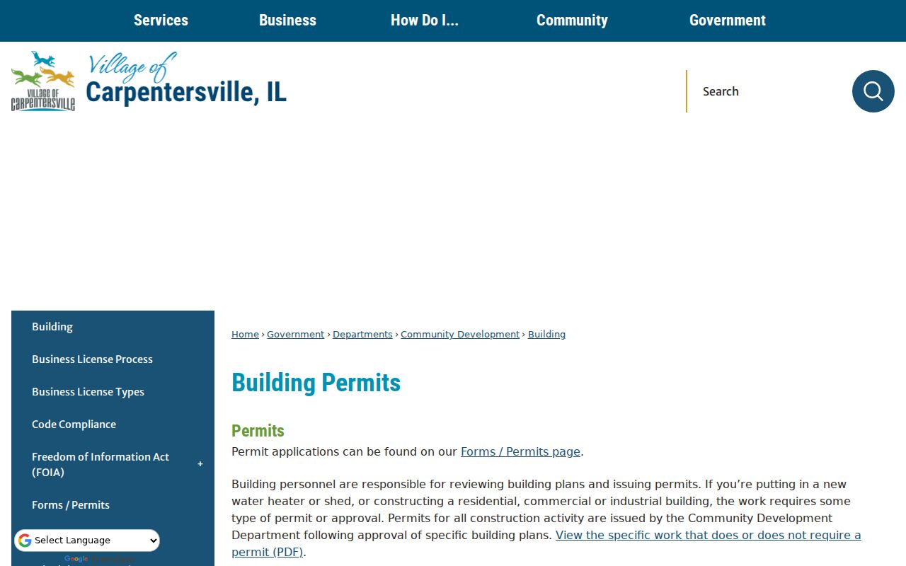 Carpentersville street directory building permit and inspection page